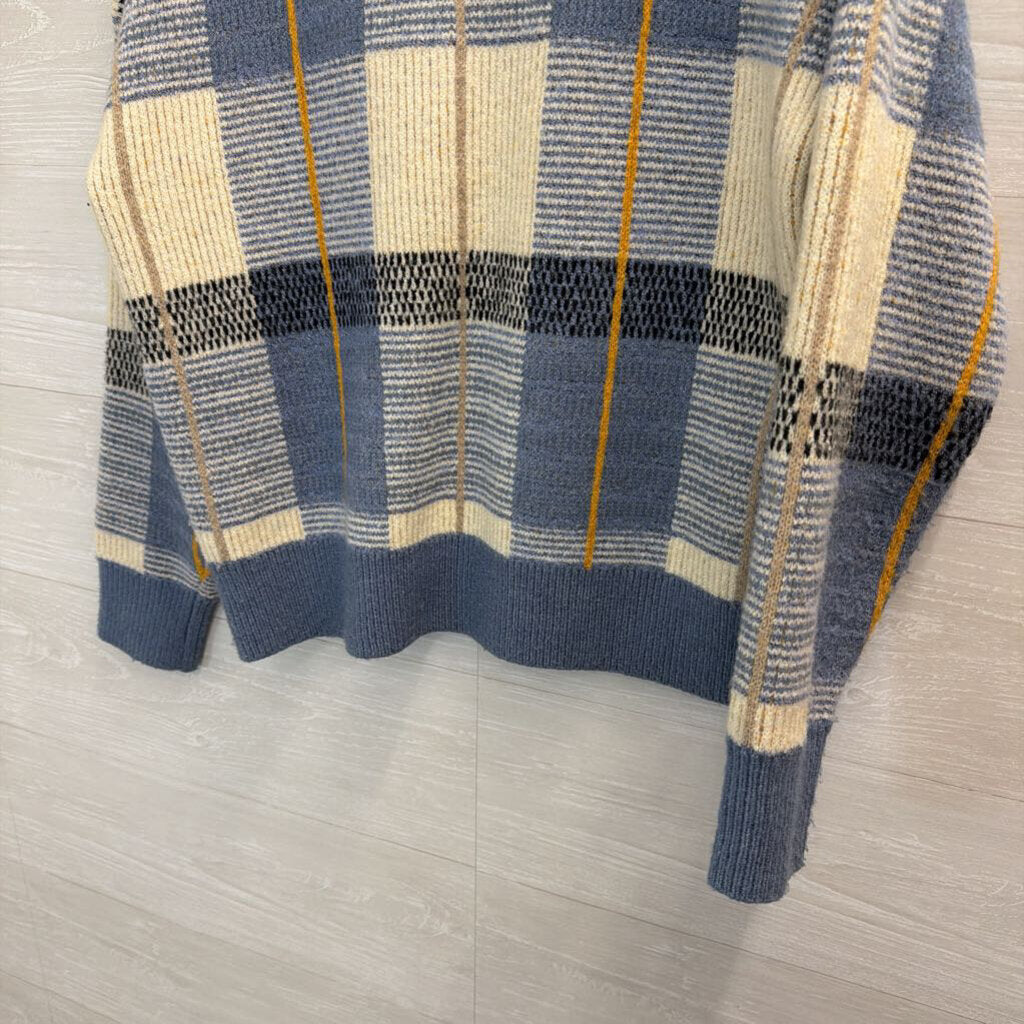 For The Republic Blue Plaid V-Neck Sweater Medium