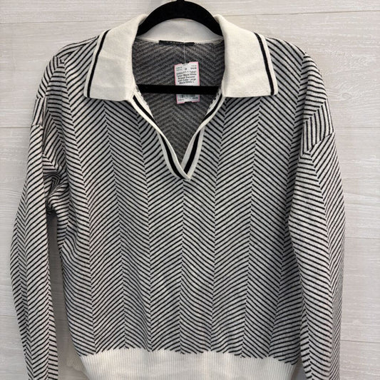 Tahari Black/White Striped Sweater with Collar Large
