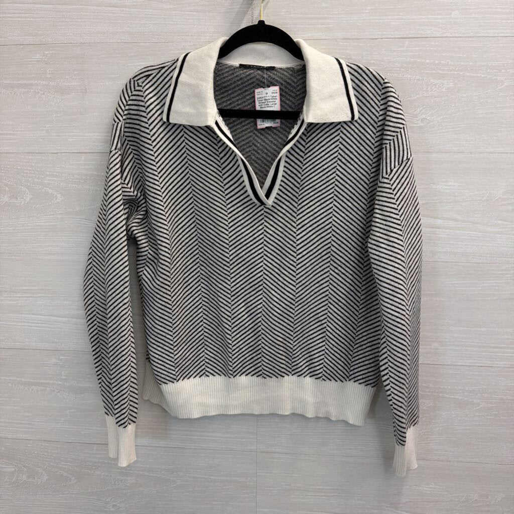 Tahari Black/White Striped Sweater with Collar Large