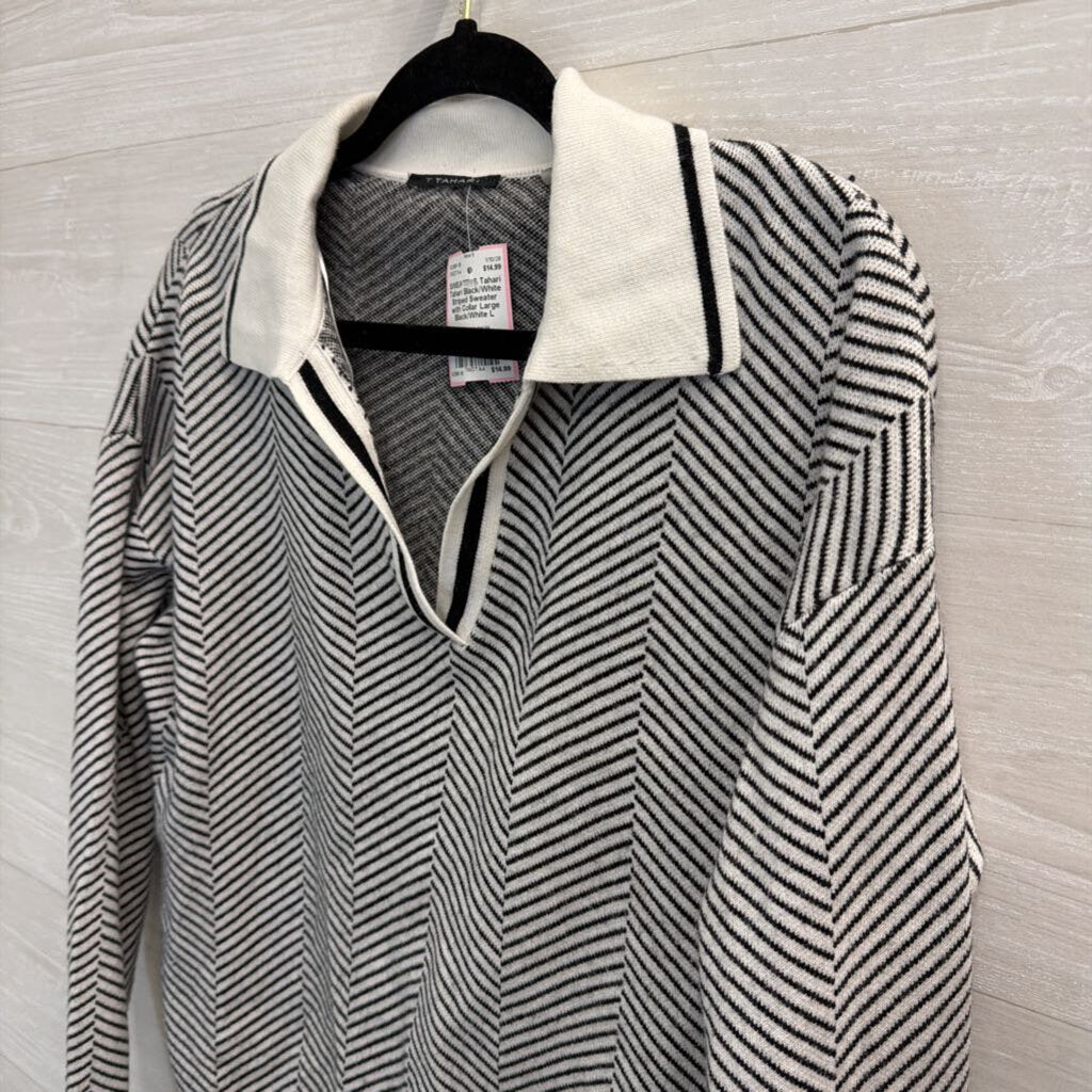 Tahari Black/White Striped Sweater with Collar Large