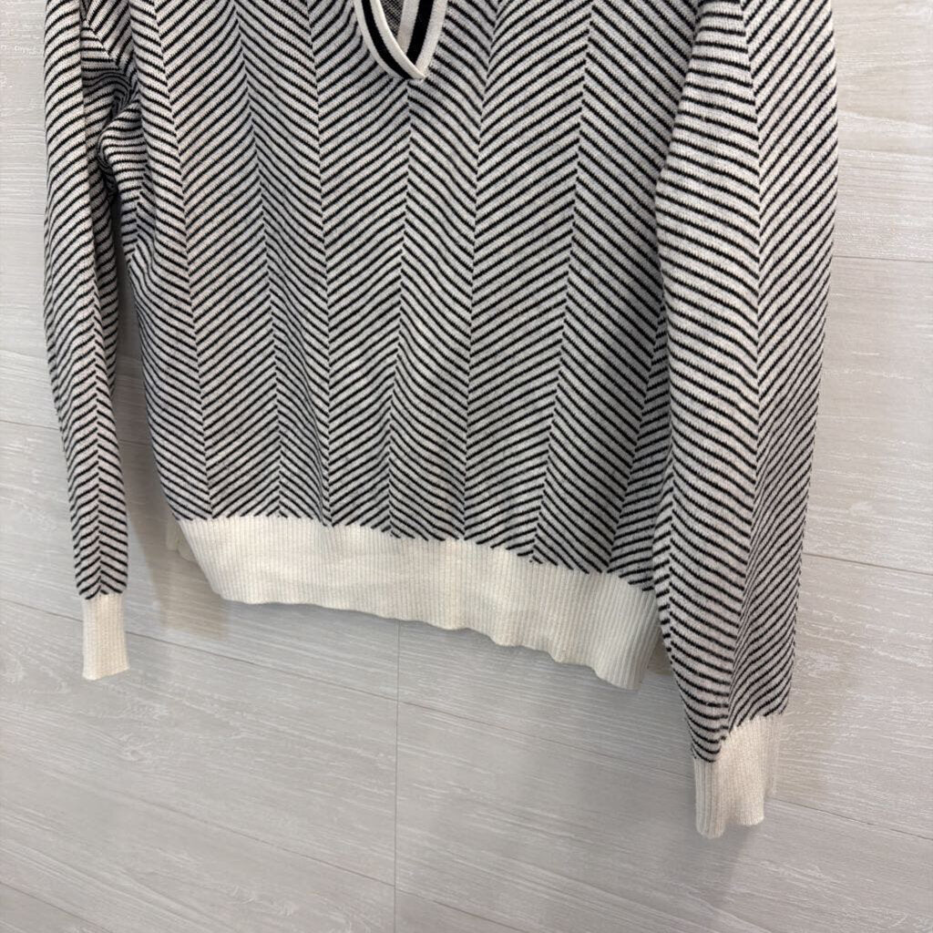 Tahari Black/White Striped Sweater with Collar Large
