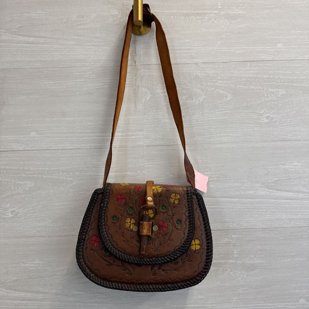 Vintage Handmade Leather Bag with Floral