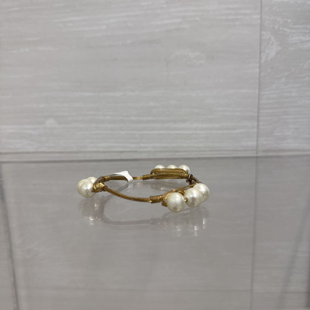 Vintage BB Bangle Gold Tone Wire Wrapped Faux Pearls Bracelet