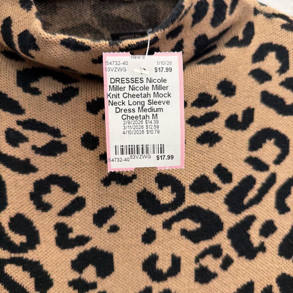 Nicole Miller Knit Cheetah Mock Neck Long Sleeve Dress Medium