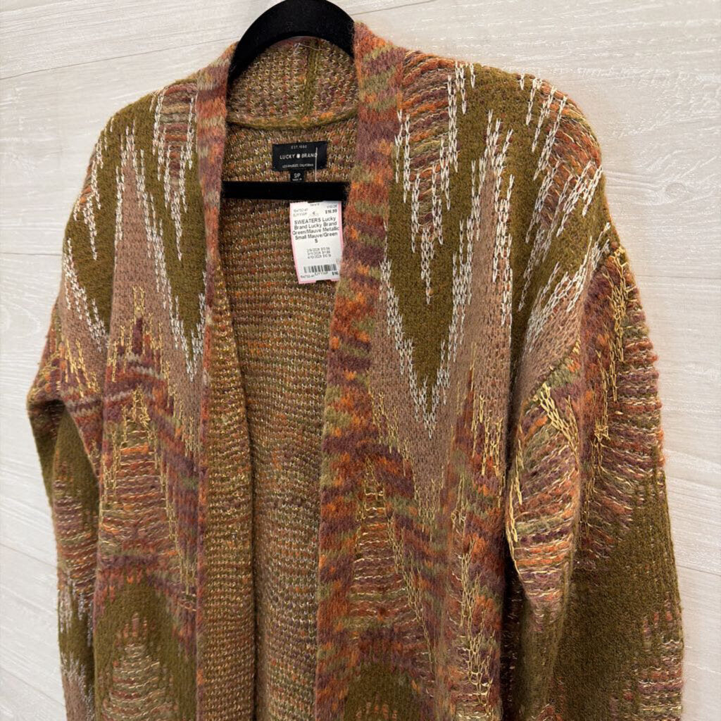 Lucky Brand Green/Mauve Metallic Open Front Cardigan Sweater Small