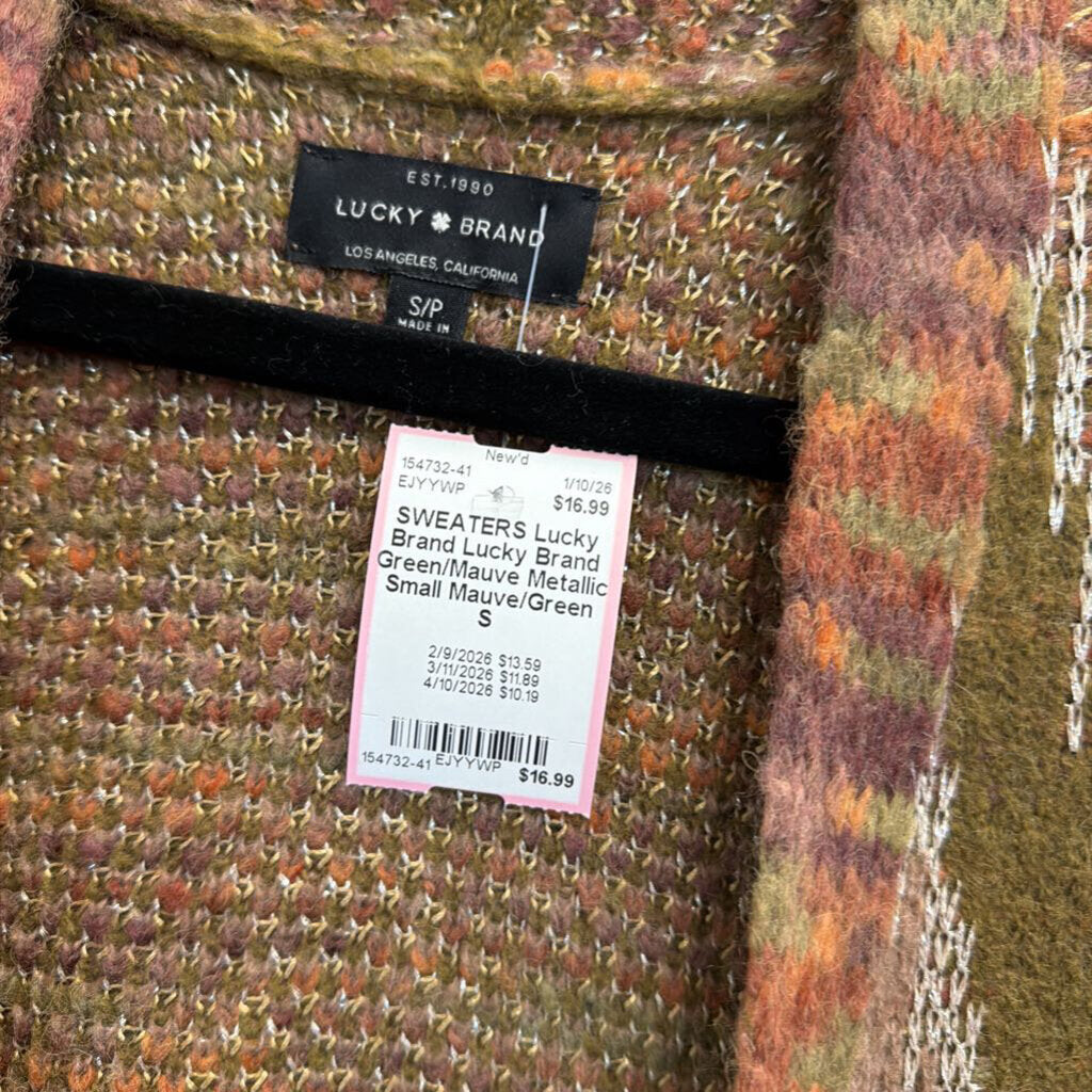 Lucky Brand Green/Mauve Metallic Open Front Cardigan Sweater Small