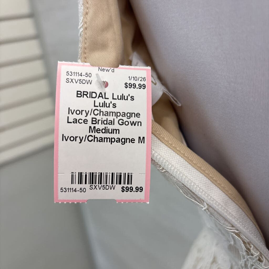 Lulu's Ivory/Champagne Lace Bridal Gown Medium