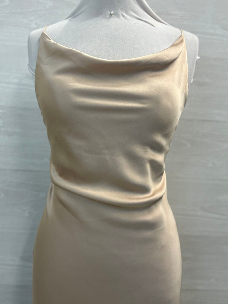 Revelry Gold Silky Lace Up Back Long Formal Dress 10