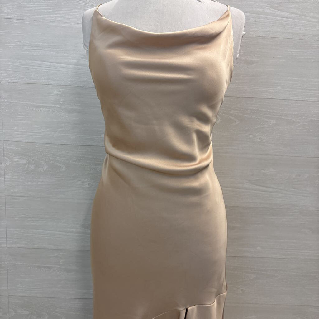Revelry Gold Silky Lace Up Back Long Formal Dress 10