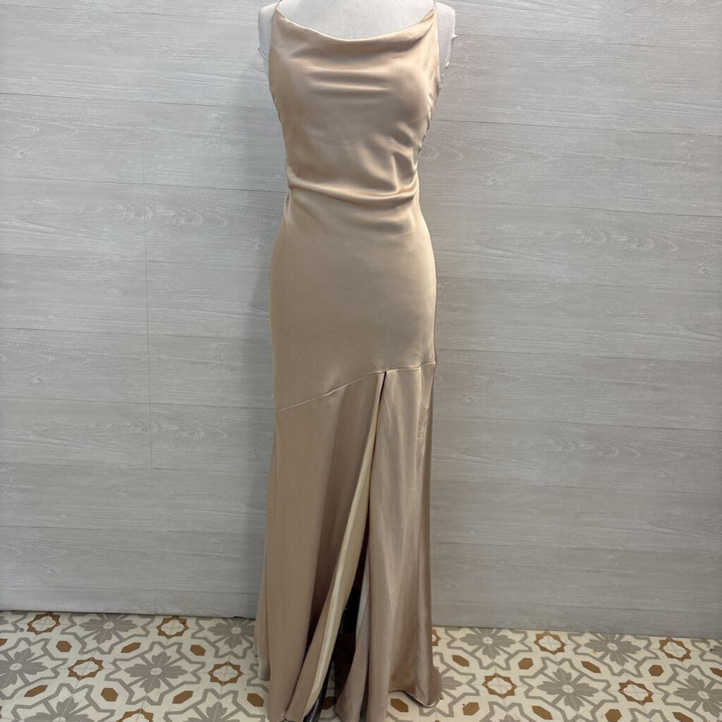 Revelry Gold Silky Lace Up Back Long Formal Dress 10