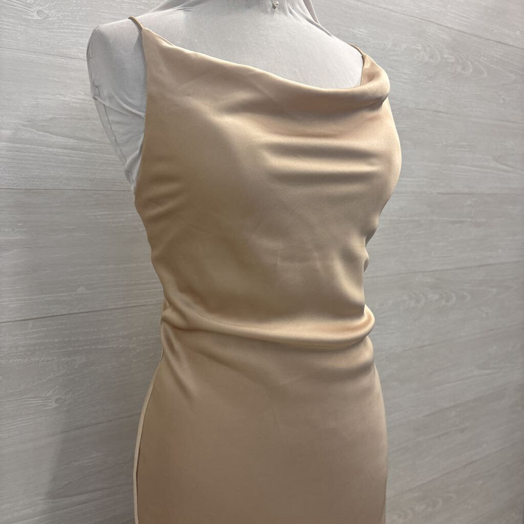 Revelry Gold Silky Lace Up Back Long Formal Dress 10