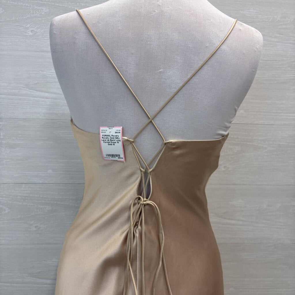 Revelry Gold Silky Lace Up Back Long Formal Dress 10