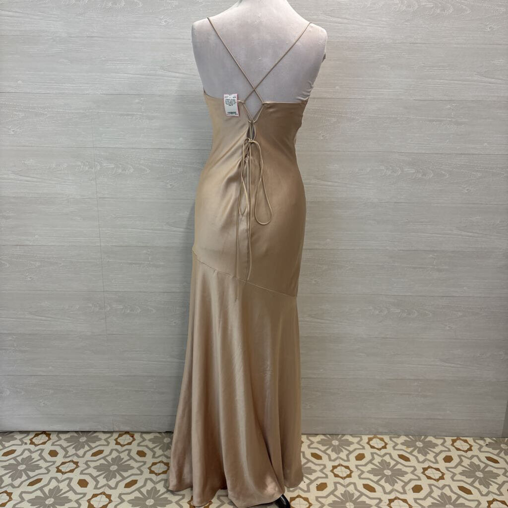 Revelry Gold Silky Lace Up Back Long Formal Dress 10