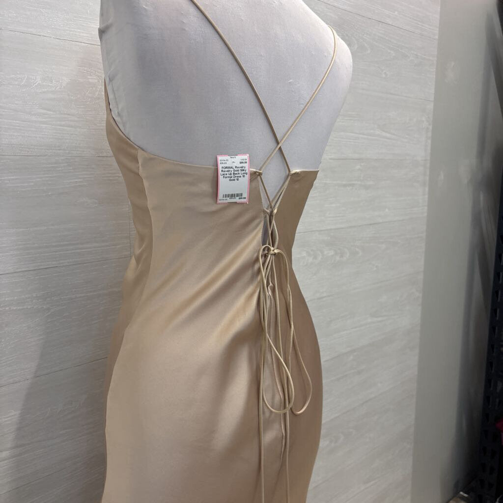 Revelry Gold Silky Lace Up Back Long Formal Dress 10