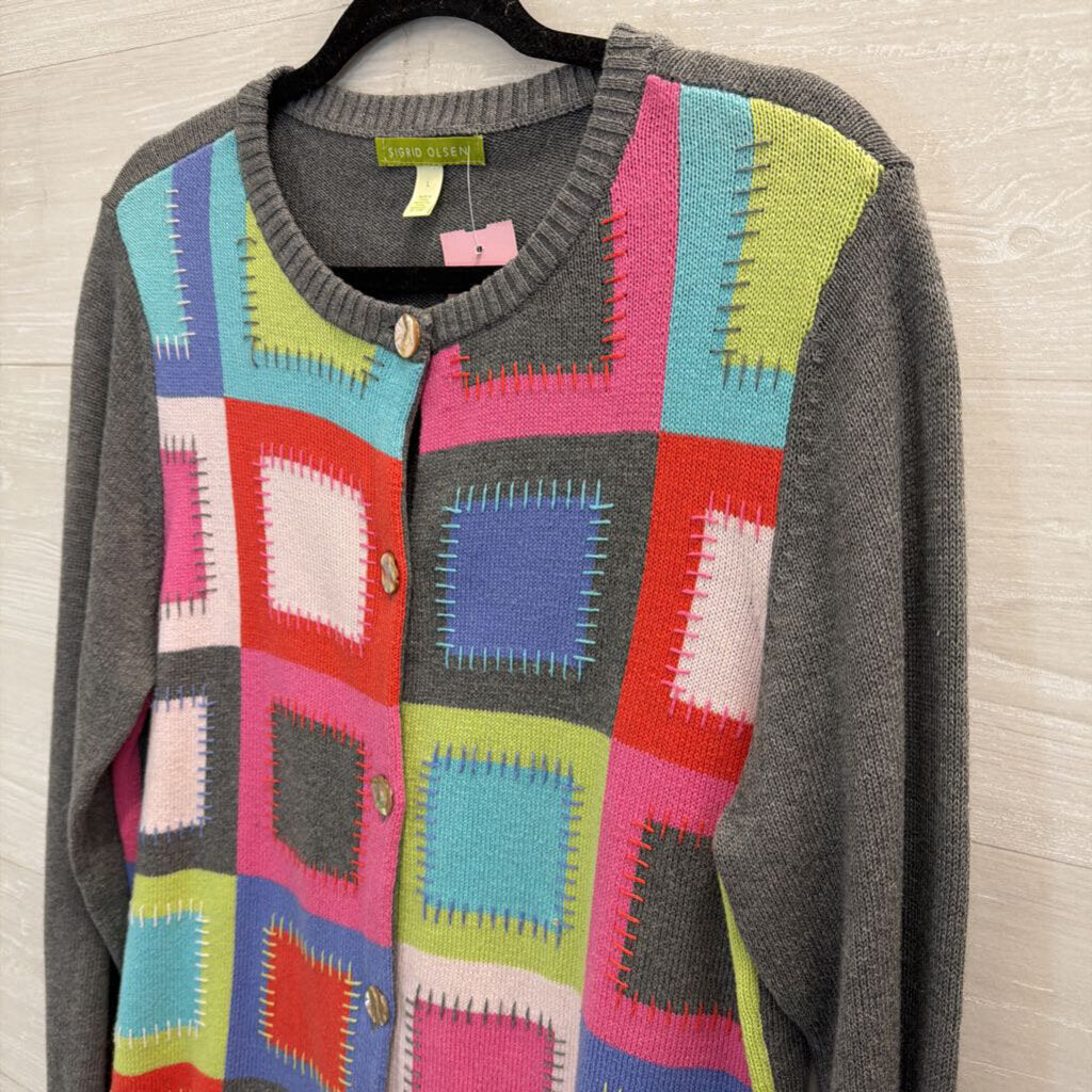 Sigrid Olsen Patchwork Multicolor Cardigan Large