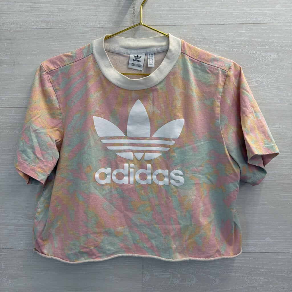 Adidas Multi Color Print Cropped Short Sleeve Logo Tee Medium