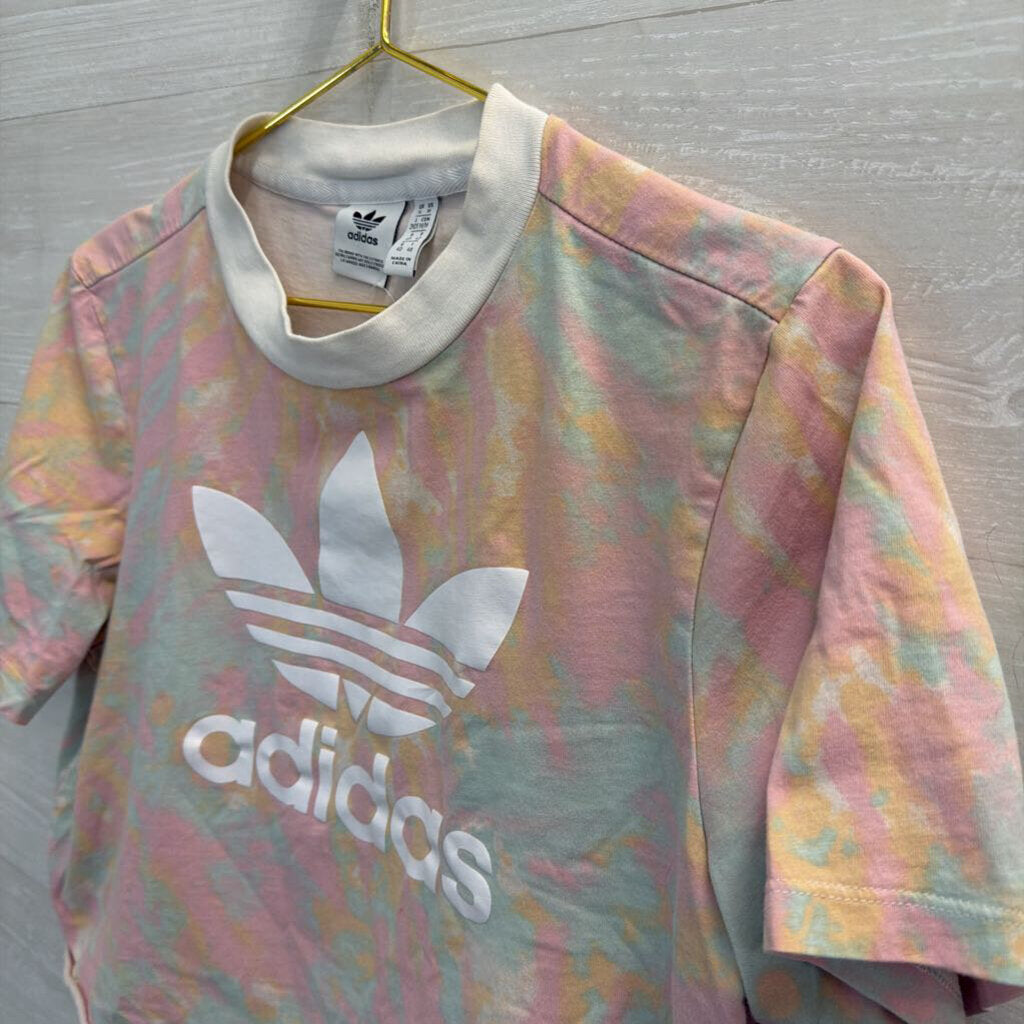 Adidas Multi Color Print Cropped Short Sleeve Logo Tee Medium
