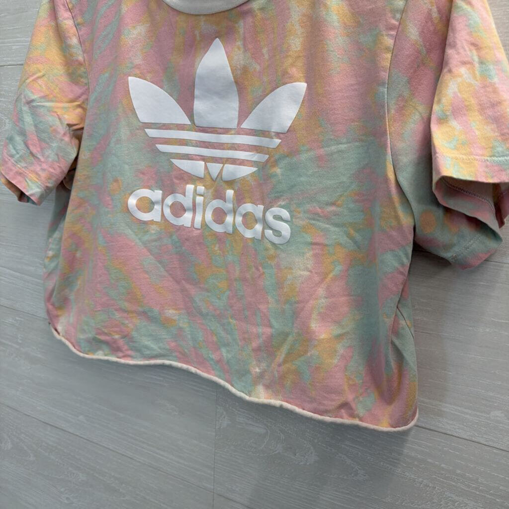 Adidas Multi Color Print Cropped Short Sleeve Logo Tee Medium
