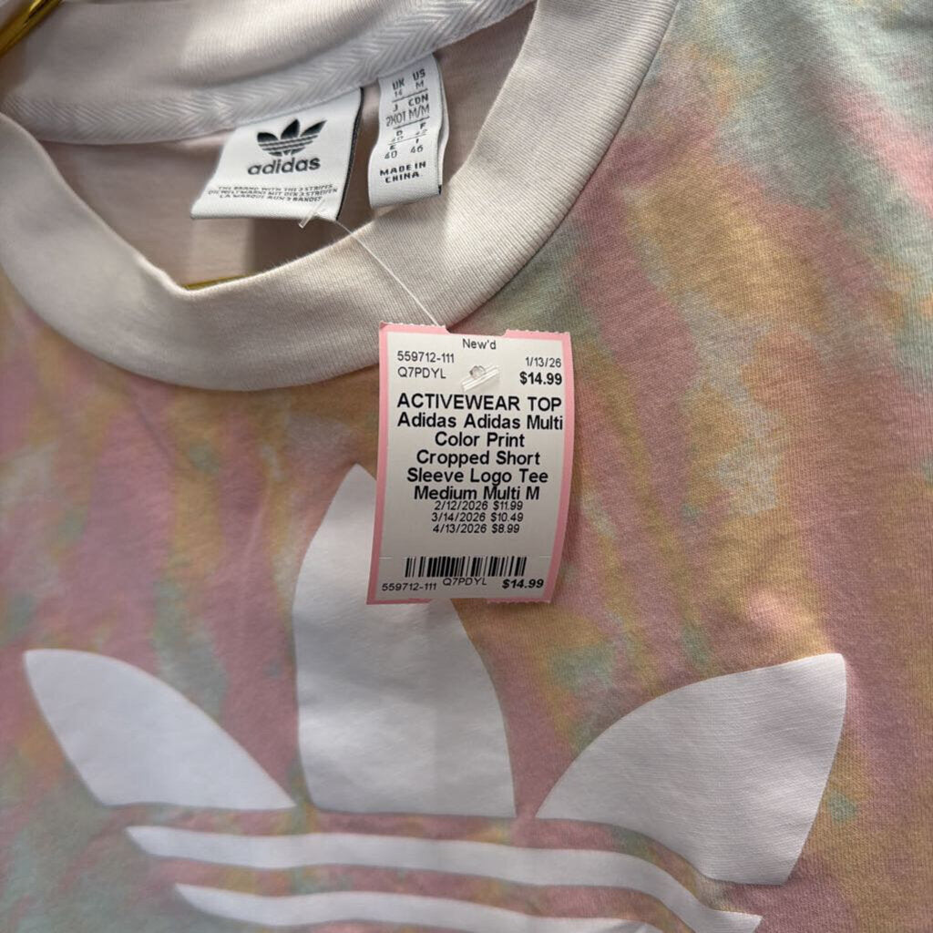 Adidas Multi Color Print Cropped Short Sleeve Logo Tee Medium