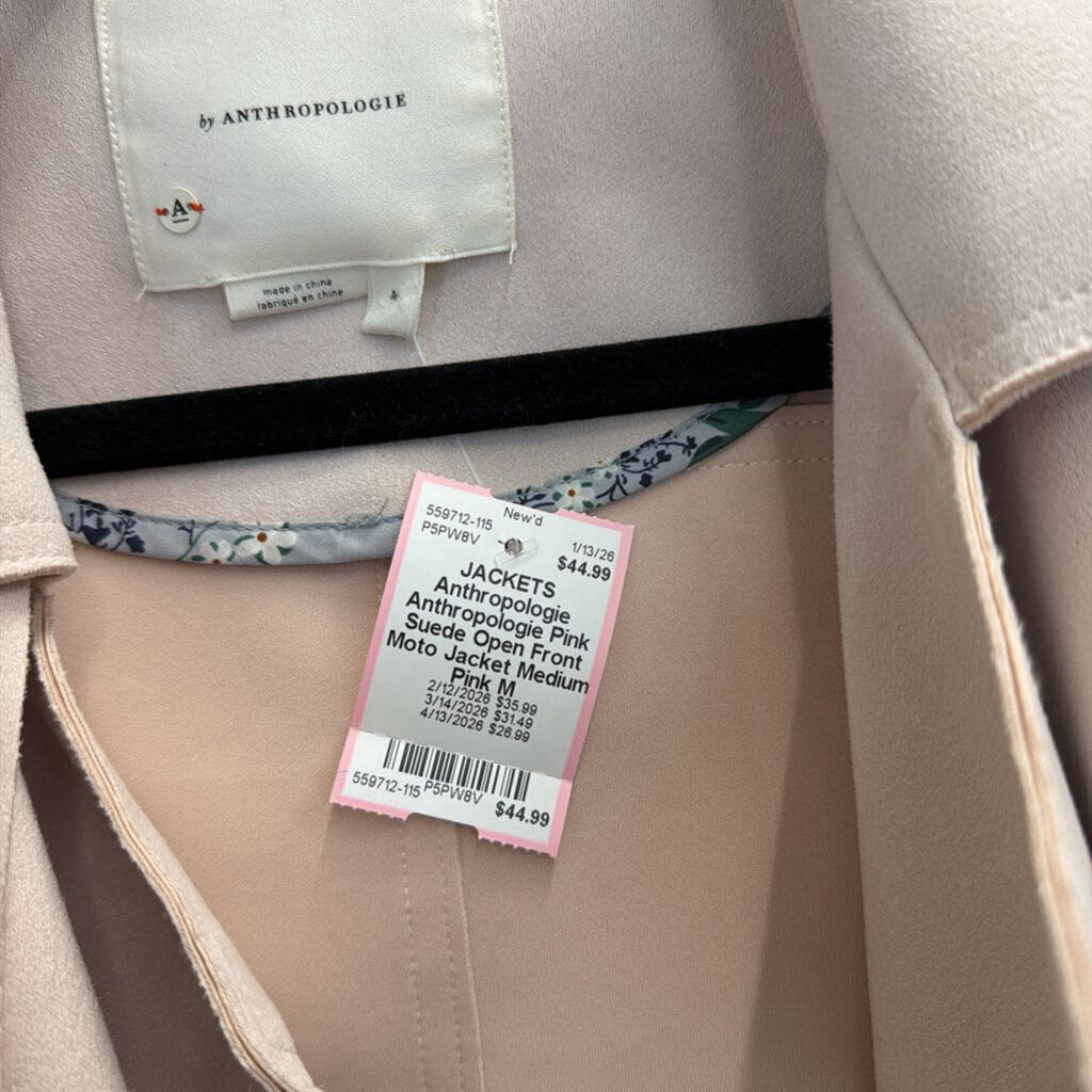 Anthropologie Pink Suede Open Front Moto Jacket Medium