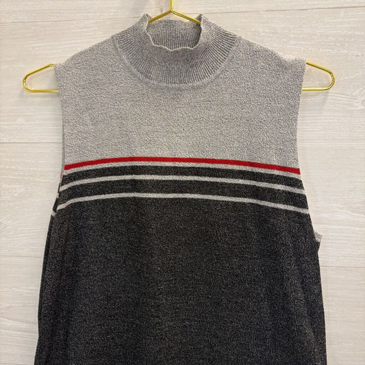 Vintage Norton Studio Grey/ Red Striped Detail Knit Sleeveless Mock Neck Top Large