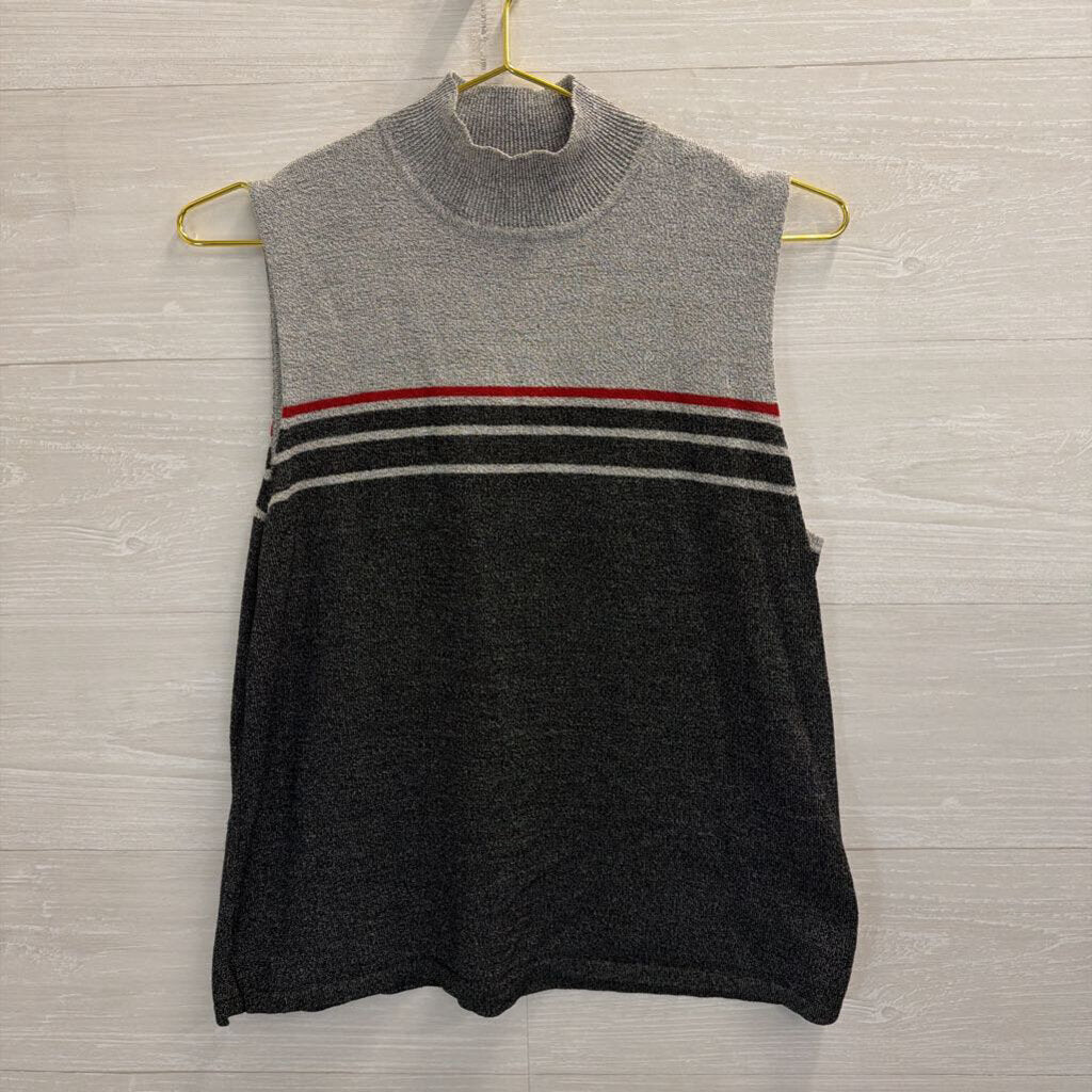 Vintage Norton Studio Grey/ Red Striped Detail Knit Sleeveless Mock Neck Top Large