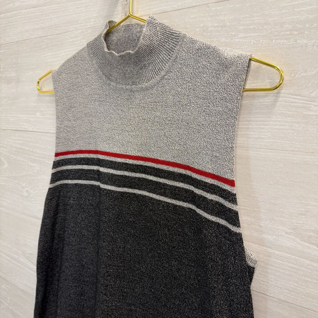 Vintage Norton Studio Grey/ Red Striped Detail Knit Sleeveless Mock Neck Top Large