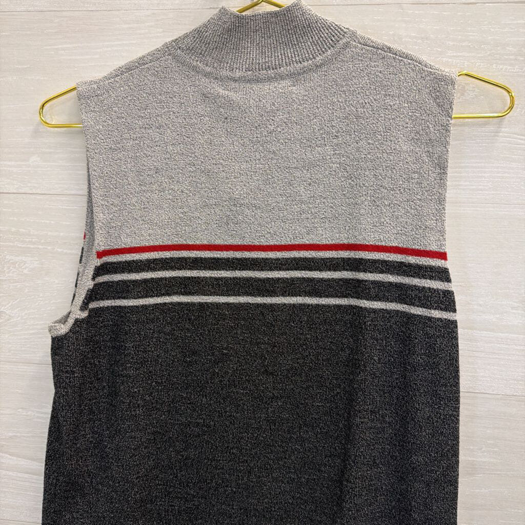 Vintage Norton Studio Grey/ Red Striped Detail Knit Sleeveless Mock Neck Top Large
