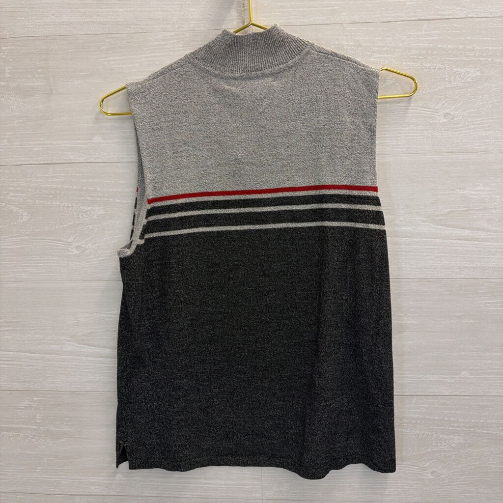 Vintage Norton Studio Grey/ Red Striped Detail Knit Sleeveless Mock Neck Top Large
