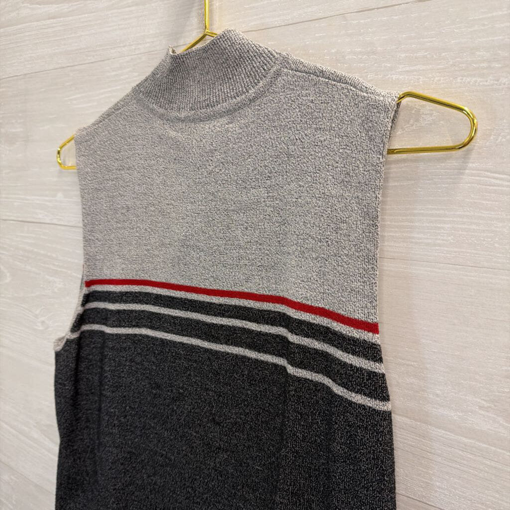 Vintage Norton Studio Grey/ Red Striped Detail Knit Sleeveless Mock Neck Top Large