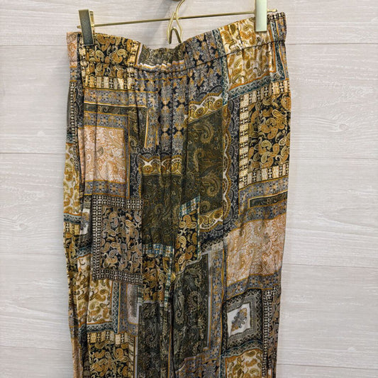 Res Ipsa Gold/ Multi Print Silky Wide Leg Pull On Pants Medium