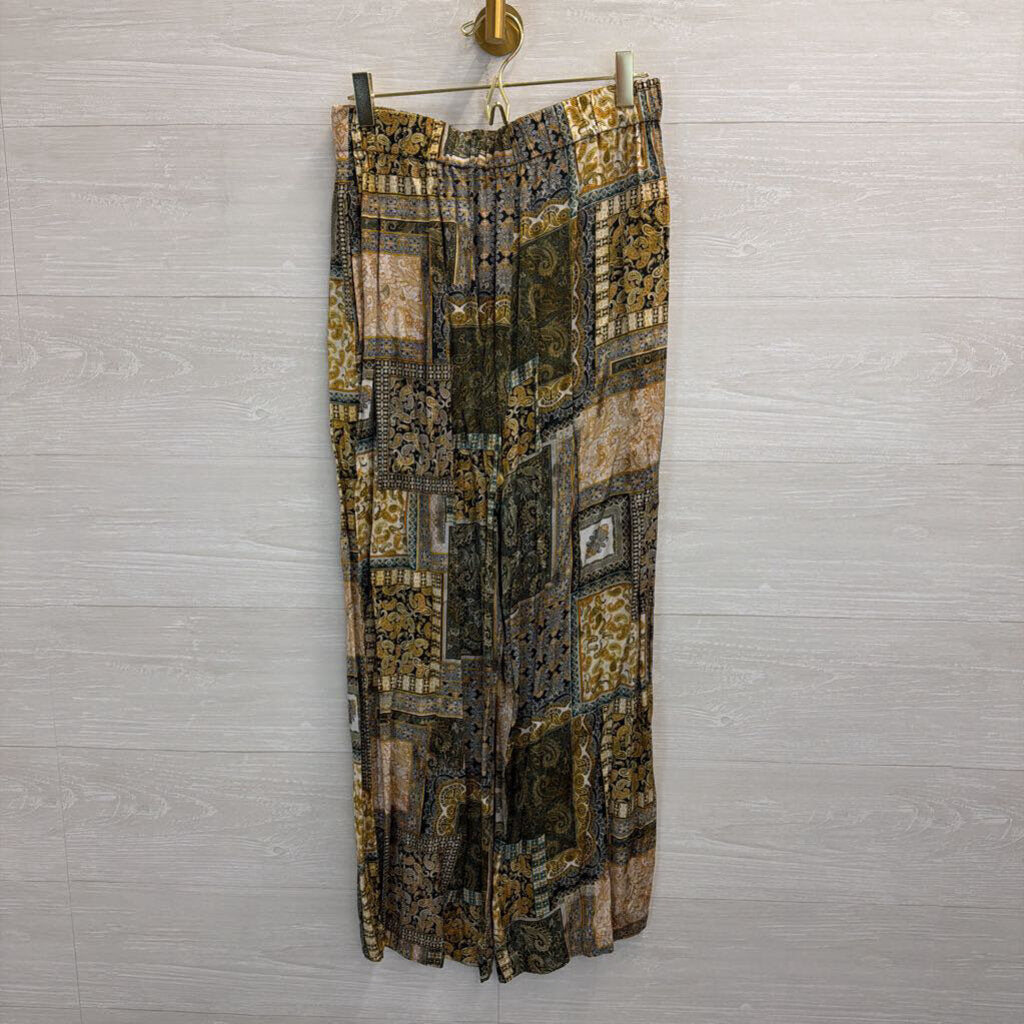 Res Ipsa Gold/ Multi Print Silky Wide Leg Pull On Pants Medium