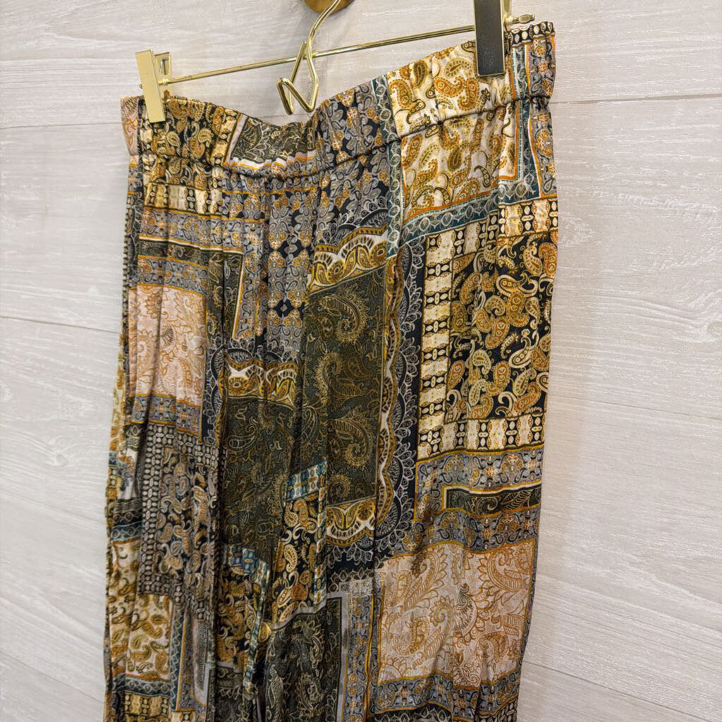 Res Ipsa Gold/ Multi Print Silky Wide Leg Pull On Pants Medium