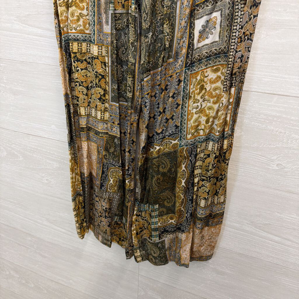 Res Ipsa Gold/ Multi Print Silky Wide Leg Pull On Pants Medium