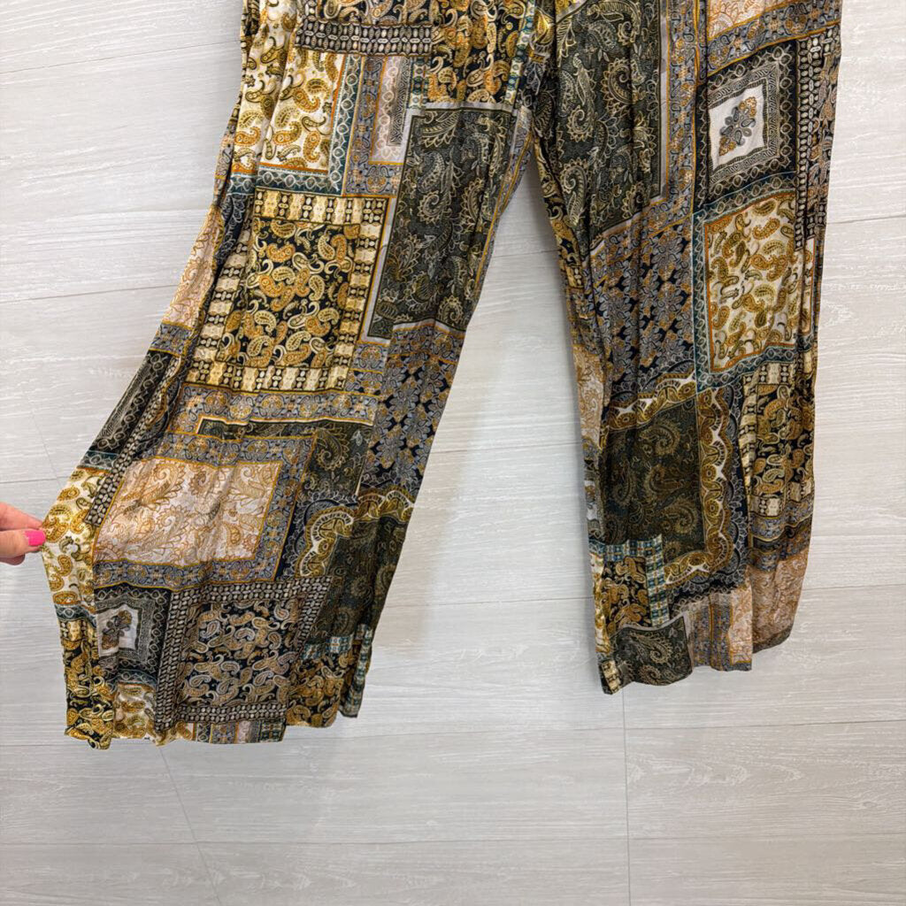 Res Ipsa Gold/ Multi Print Silky Wide Leg Pull On Pants Medium