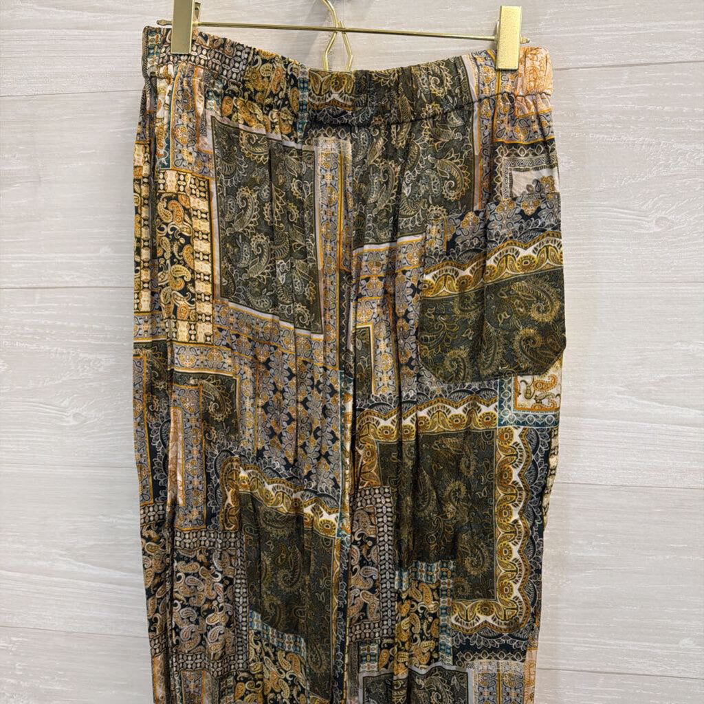 Res Ipsa Gold/ Multi Print Silky Wide Leg Pull On Pants Medium