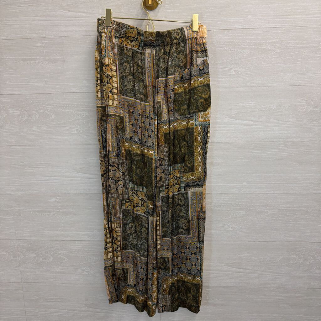 Res Ipsa Gold/ Multi Print Silky Wide Leg Pull On Pants Medium