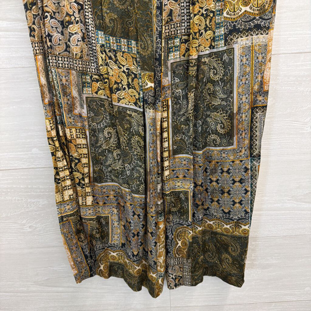 Res Ipsa Gold/ Multi Print Silky Wide Leg Pull On Pants Medium