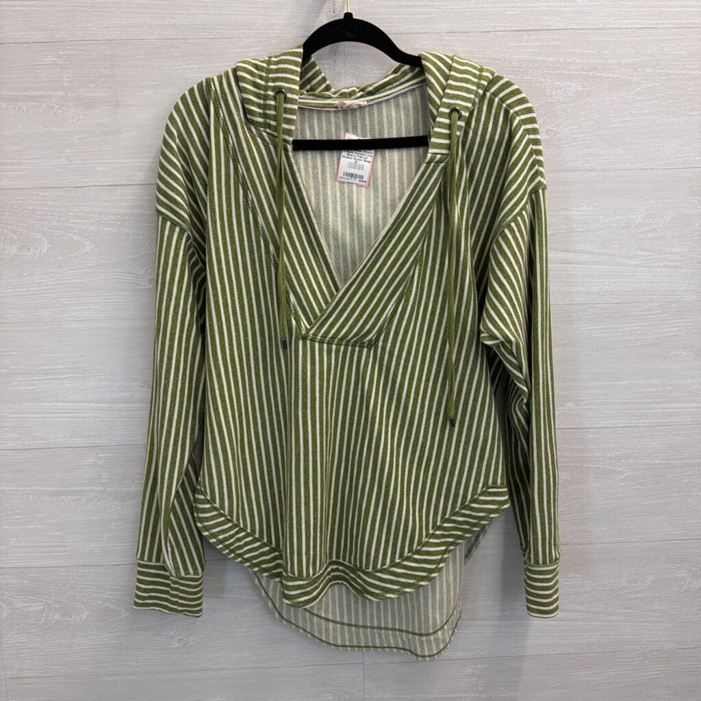 Pilcro Green/ Beige Striped V Neck Hooded Long Sleeve Pullover Medium