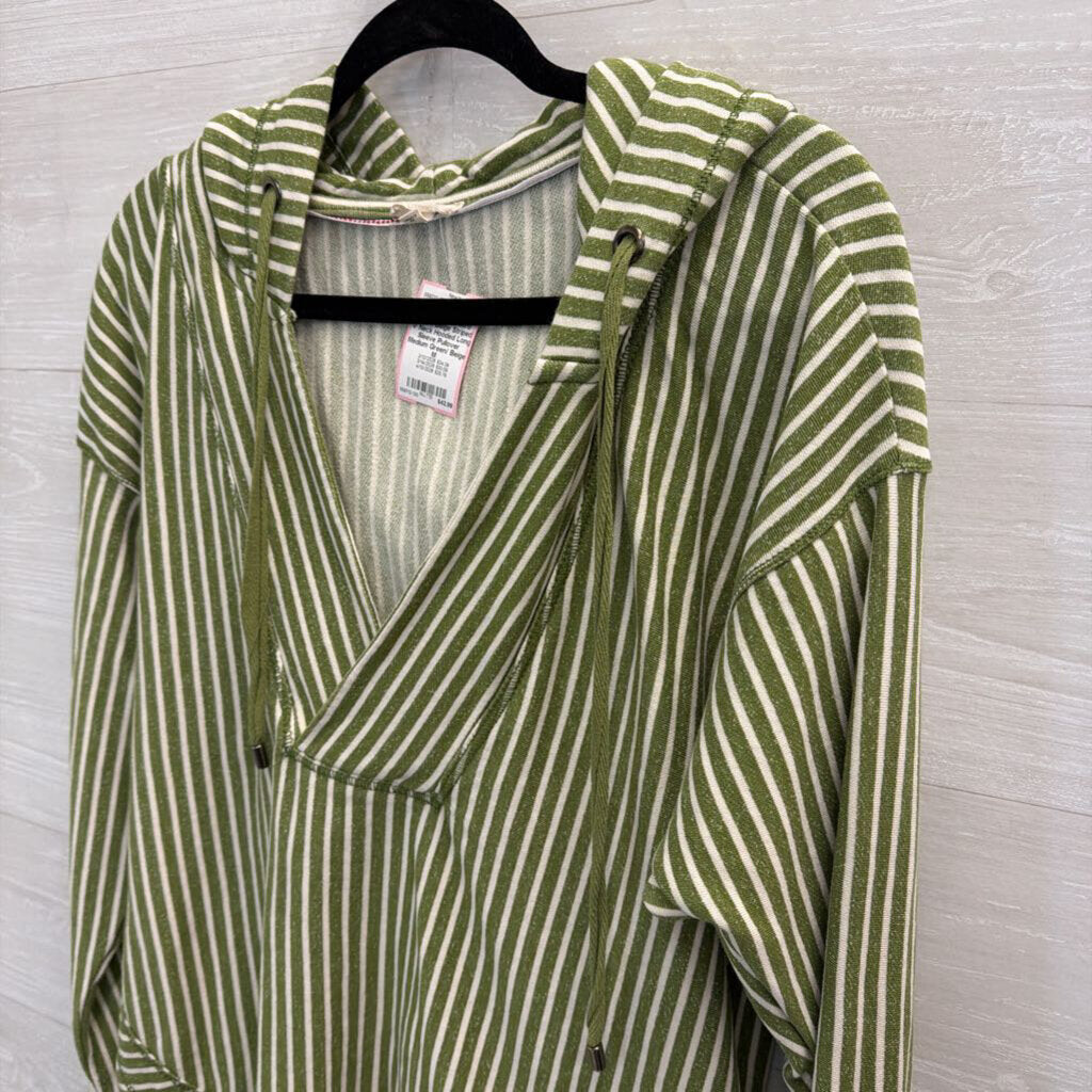 Pilcro Green/ Beige Striped V Neck Hooded Long Sleeve Pullover Medium