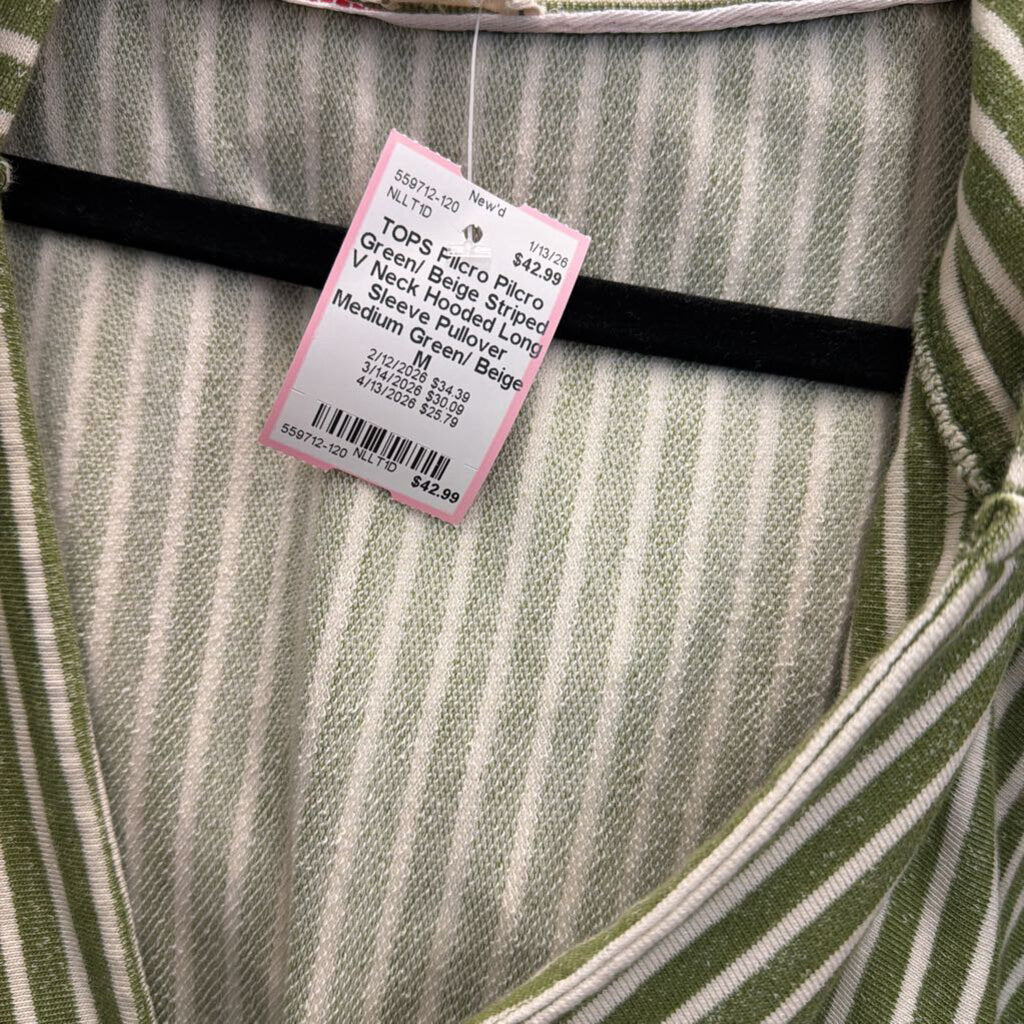 Pilcro Green/ Beige Striped V Neck Hooded Long Sleeve Pullover Medium