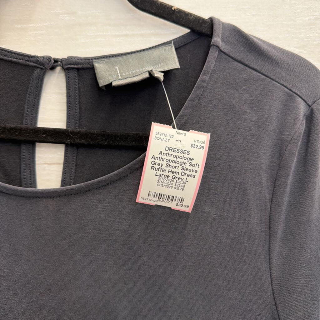 Anthropologie Soft Grey Short Sleeve Ruffle Hem Dress Large