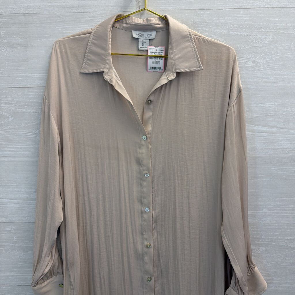 Rachel Zoe Beige Silky Long Sleeve Button Down Dress Large