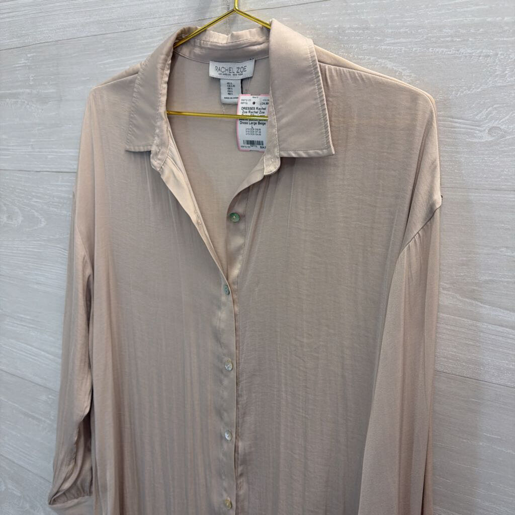 Rachel Zoe Beige Silky Long Sleeve Button Down Dress Large