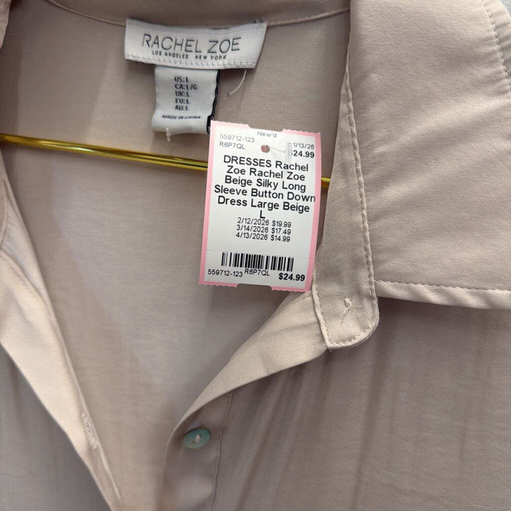 Rachel Zoe Beige Silky Long Sleeve Button Down Dress Large