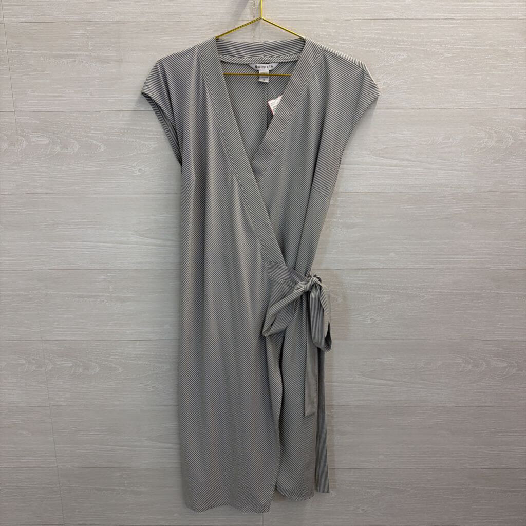 Athleta White/ Grey Striped Short Sleeve Wrap Dress Medium