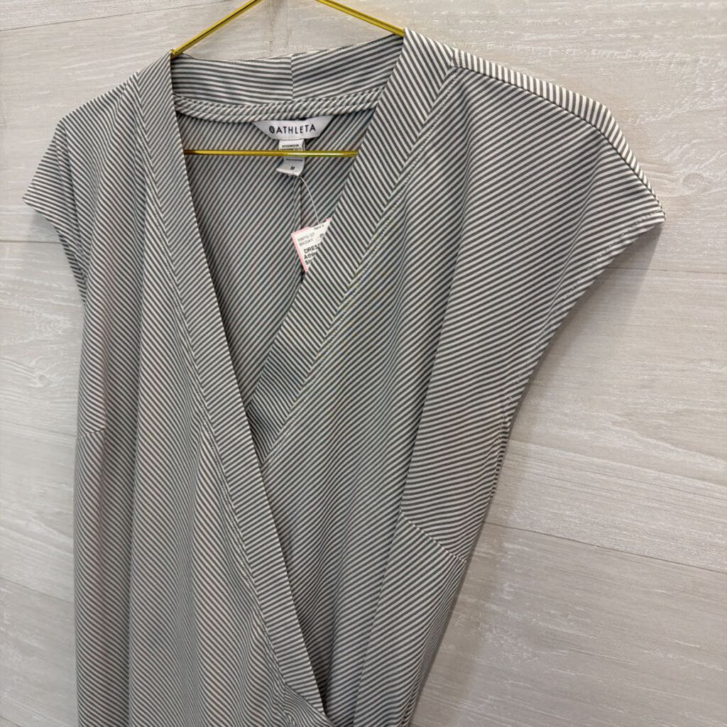 Athleta White/ Grey Striped Short Sleeve Wrap Dress Medium