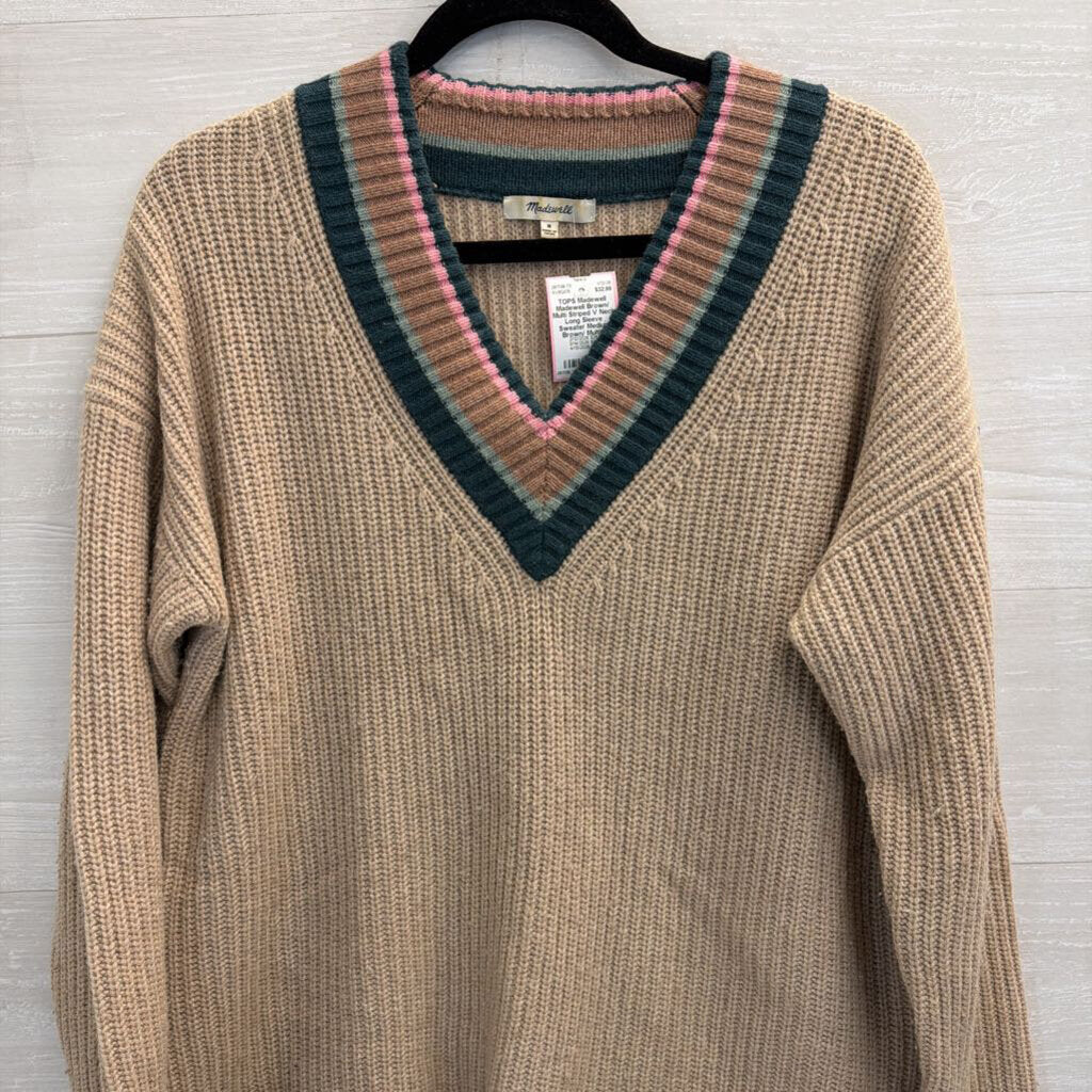 Madewell Brown/ Multi Striped V Neck Long Sleeve Sweater Medium
