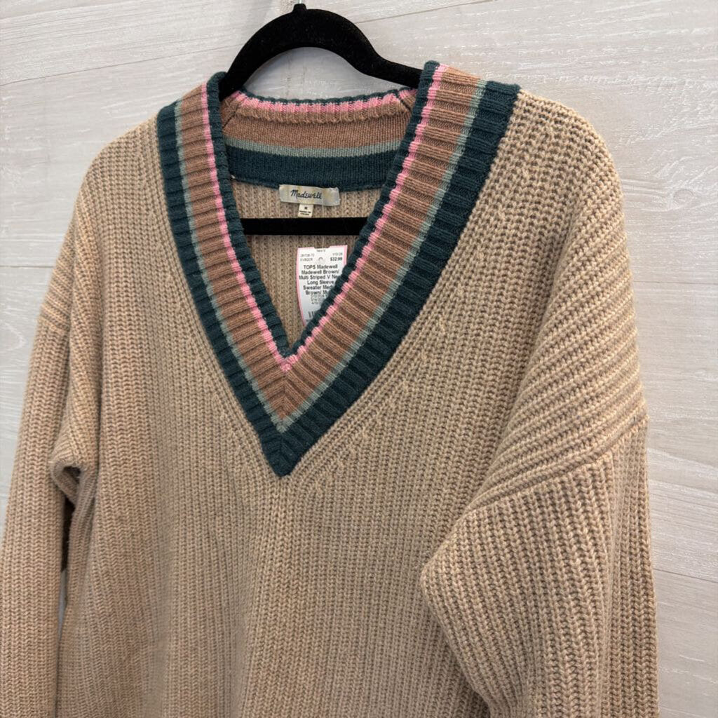 Madewell Brown/ Multi Striped V Neck Long Sleeve Sweater Medium