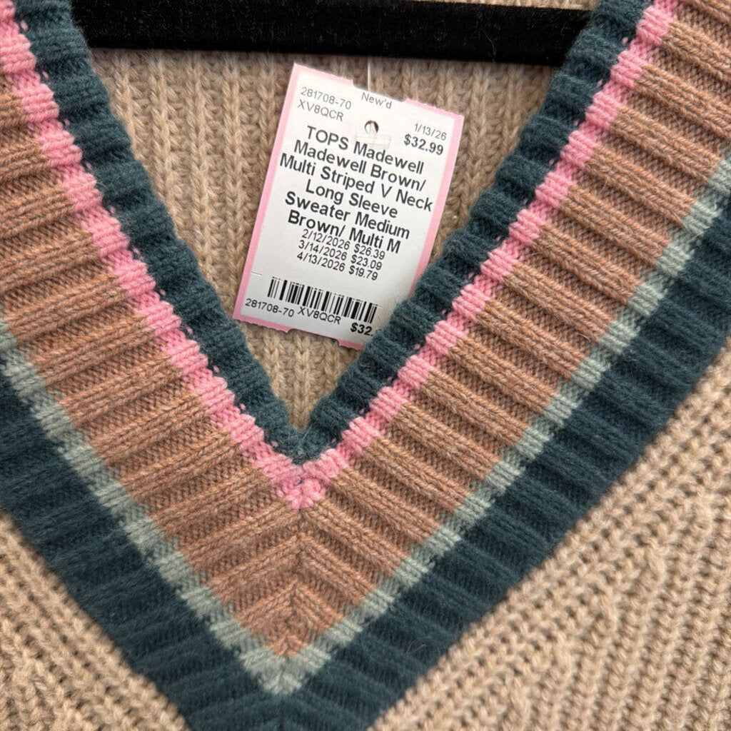 Madewell Brown/ Multi Striped V Neck Long Sleeve Sweater Medium